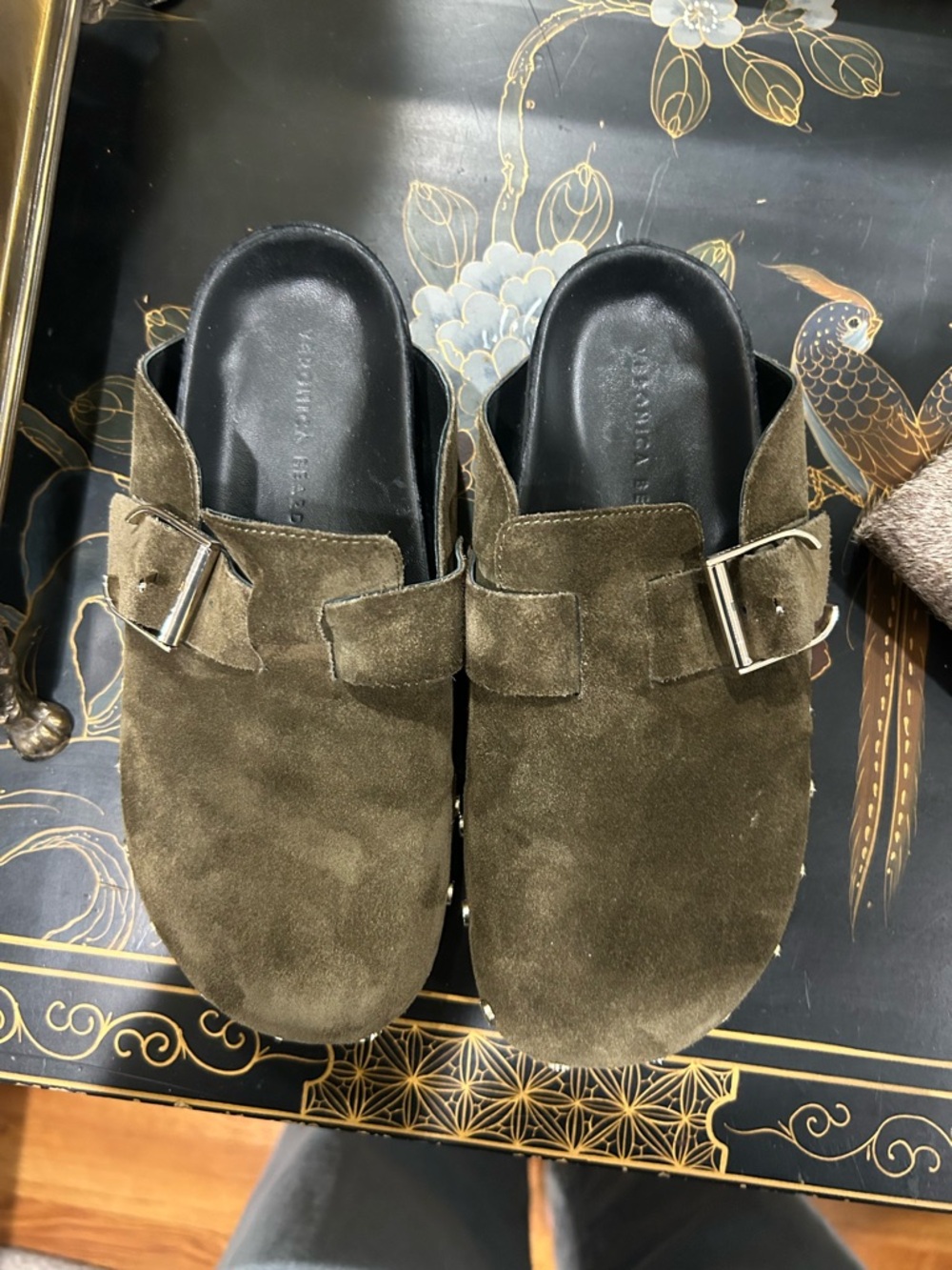 Veronica Beard Olive Suede Buckle Mules